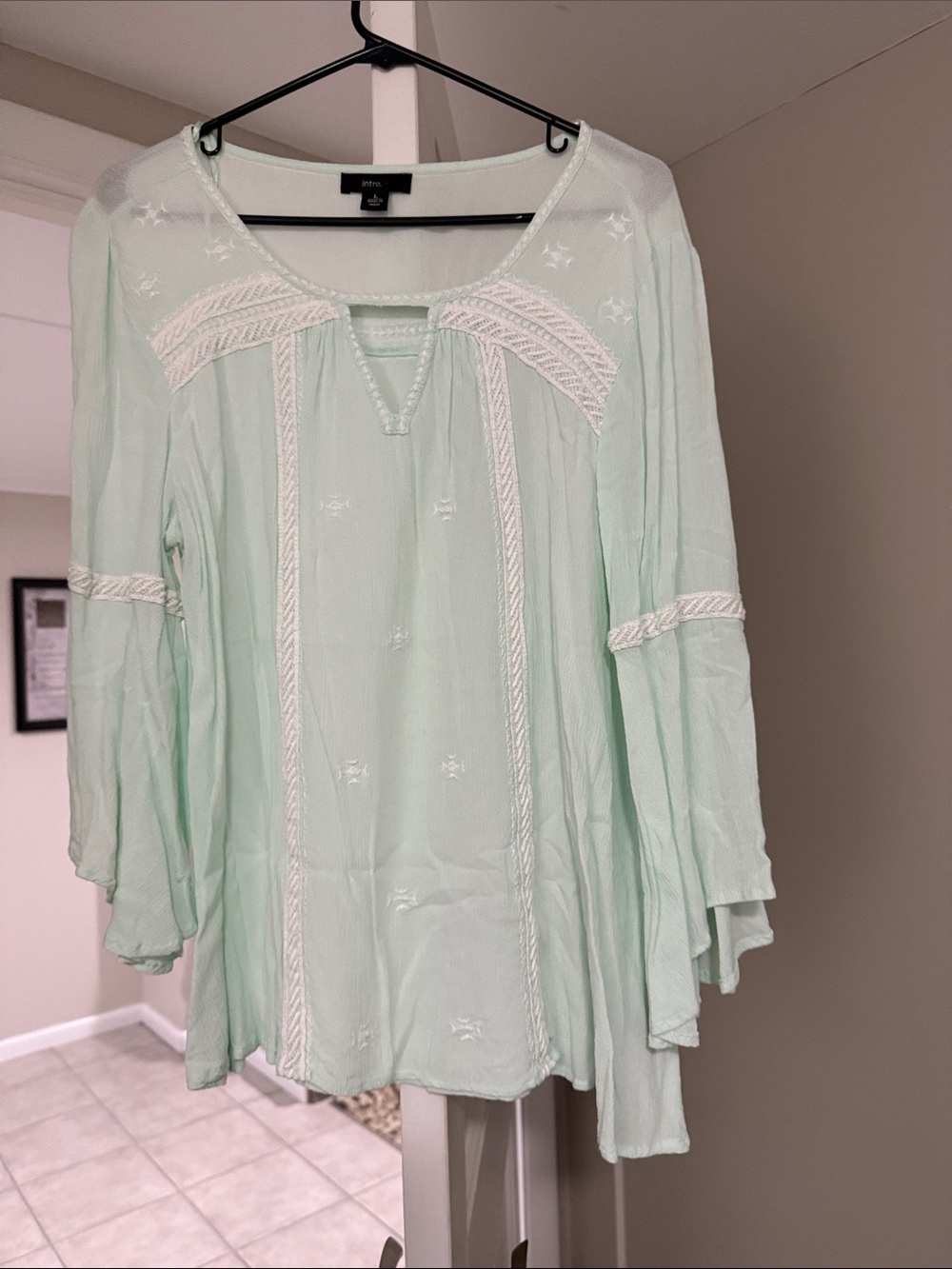 intro. Mint Boho Embroidered Peasant Blouse